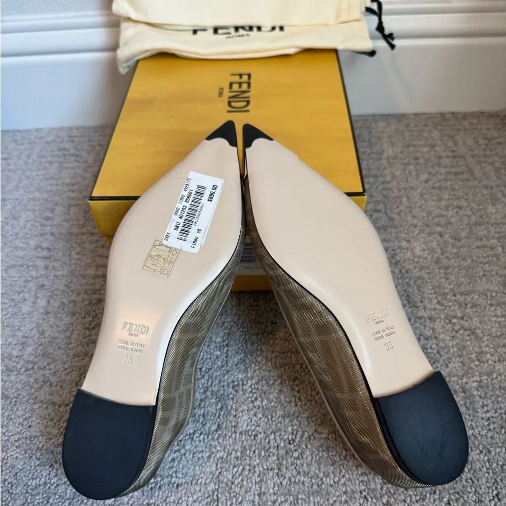 FENDI Colibri Ballerina FF Logo Mesh Pointed Cap Toe Ballet Flats Shoes